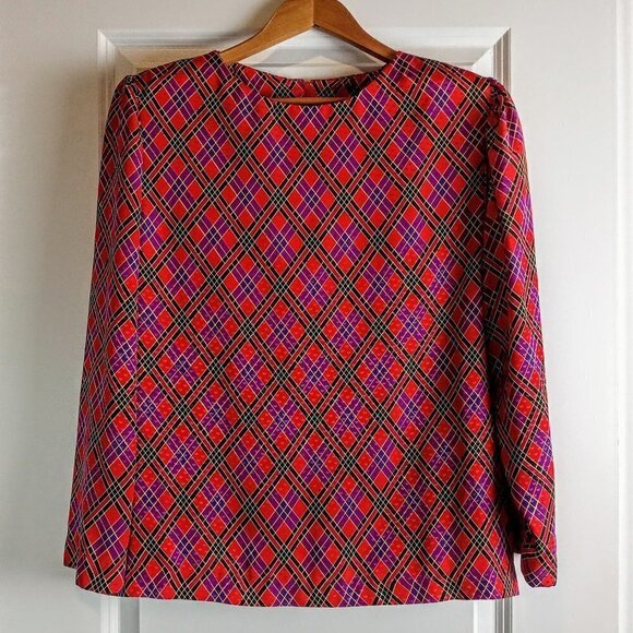 Vintage Castleberry Red Purple Plaid Jacquard LS Top & Scarf Tie - Picture 2 of 9